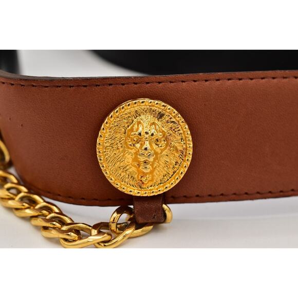 New York Studio Vintage L Leather Belt Buckle Gold Lion Coin Chain Brown 1980s main image 8